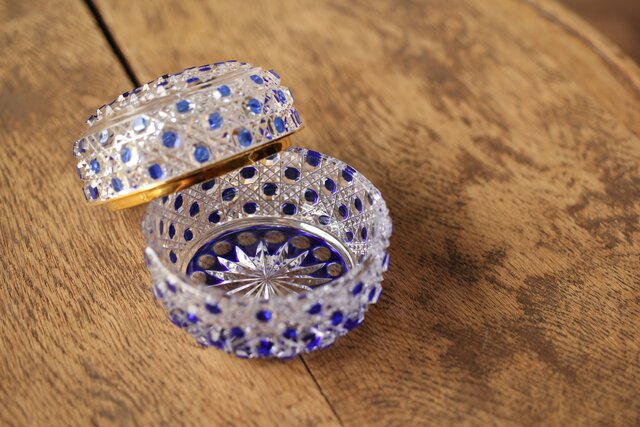 江戸切子 堀口硝子 須田秀石 瑠璃被 籠目紋 蓋物/棗 共箱 Y044｜骨董店