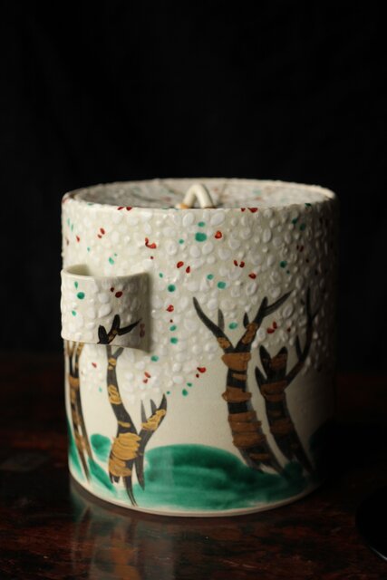 白井半七 桜 水指 共箱 替蓋 P445｜骨董店 のびる 古美術 骨董 和風