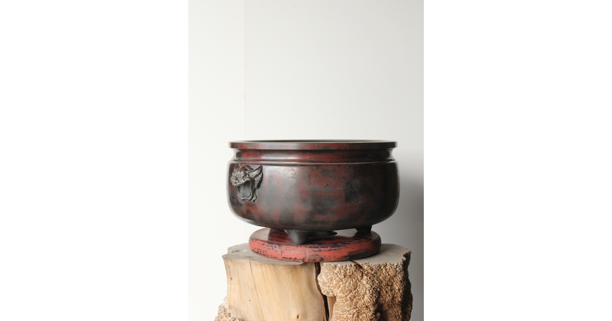 本間琢斎銘 斑柴銅 獅子耳 大瓶掛 M347｜骨董店 のびる 古美術 骨董