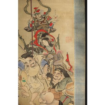 中国画 紙本水墨山水図 落款印譜在 作者不詳 軸先木細工 山水画