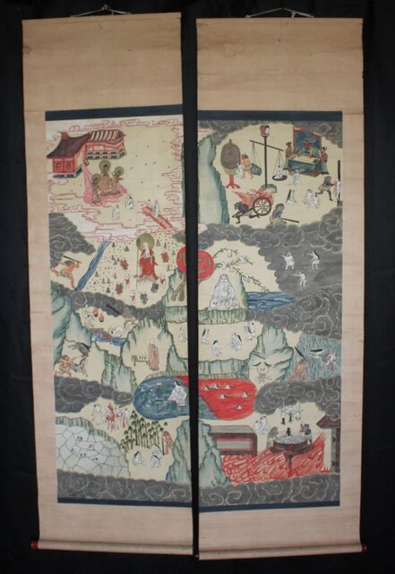 地獄絵図 紙本掛軸 対幅 Z745｜骨董店 のびる 古美術 骨董 和風建具 蔵