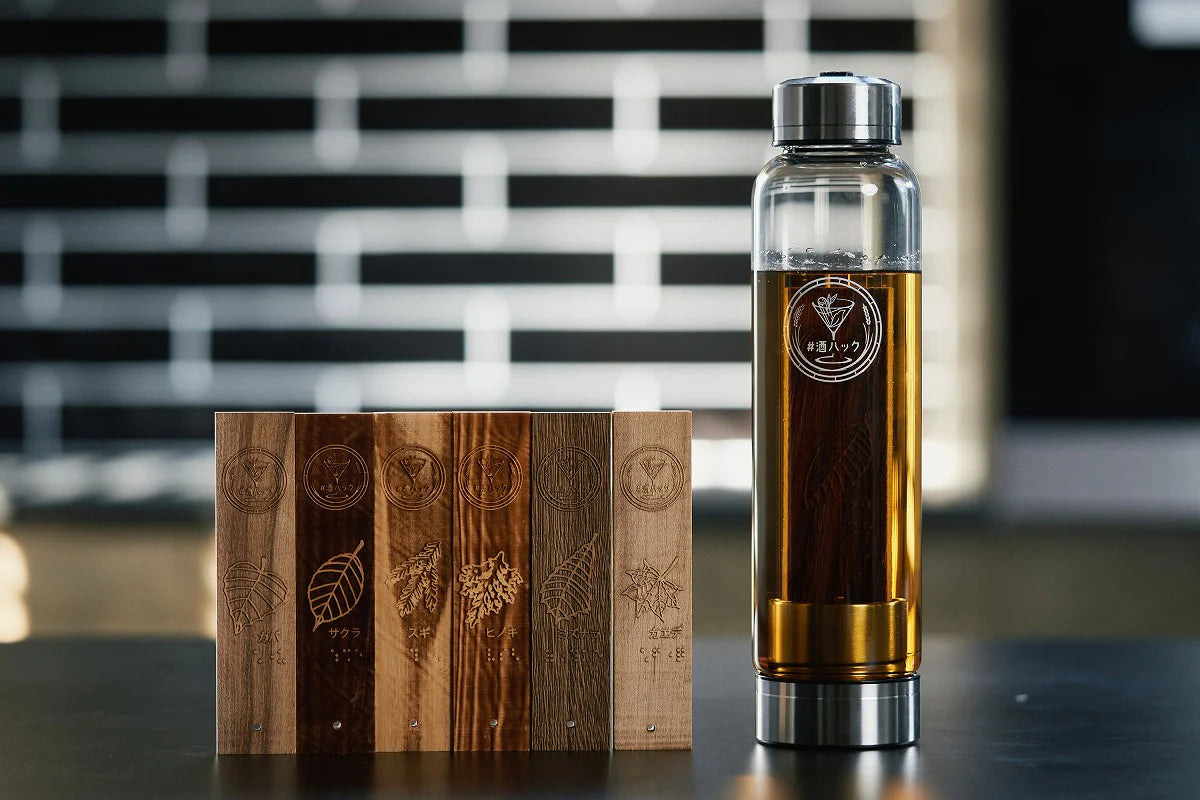 酒ハック 木製葉プレートとガラスボトルセット 酒ハック 木製葉