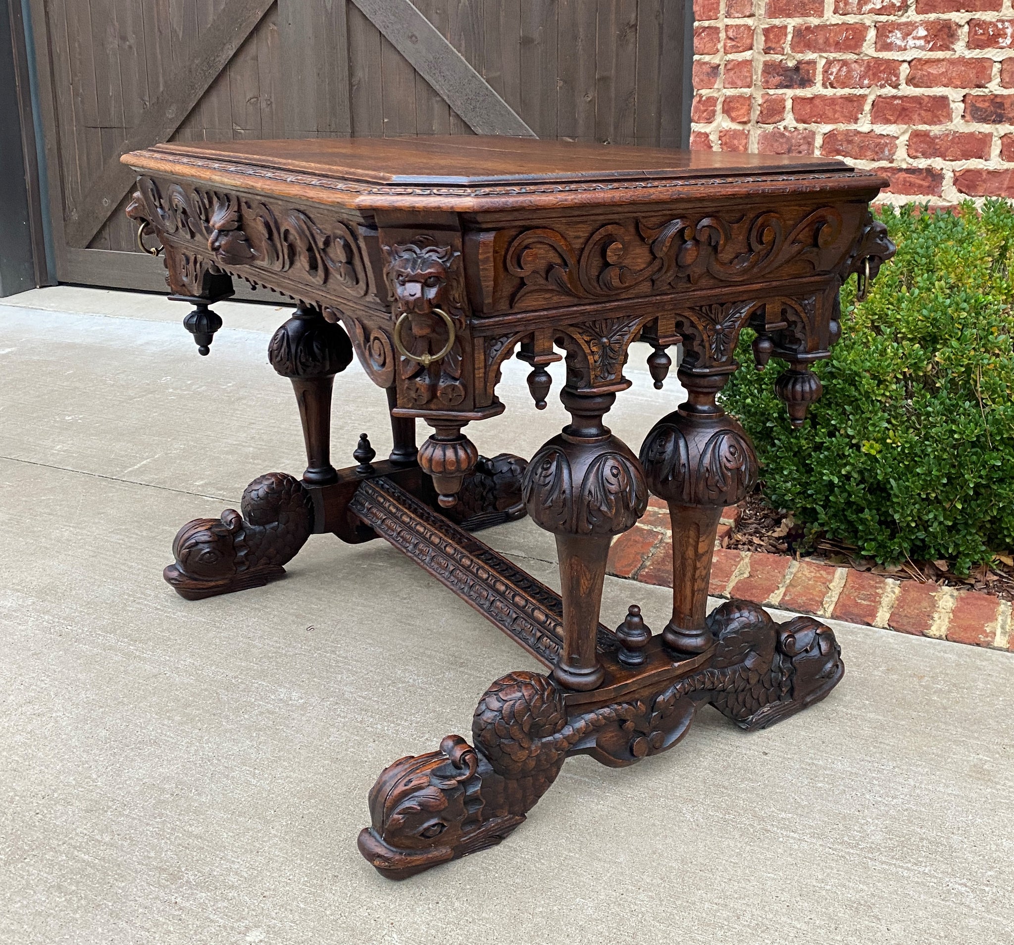 Antique French Desk Dolphin Table Renaissance Revival Carved Oak