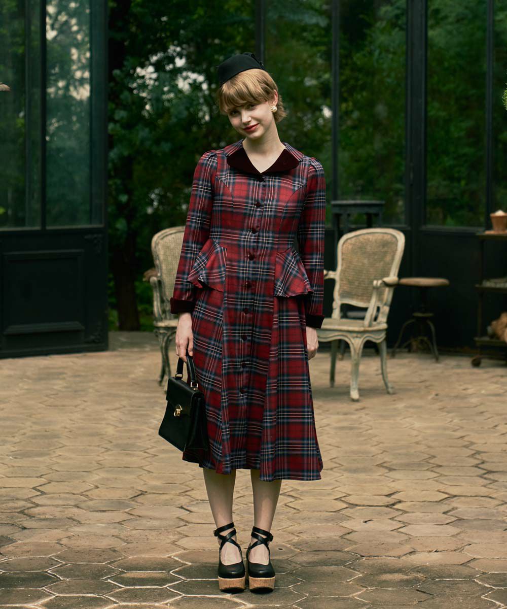 別珍ラペルペプラムチェックワンピース/an another angelus