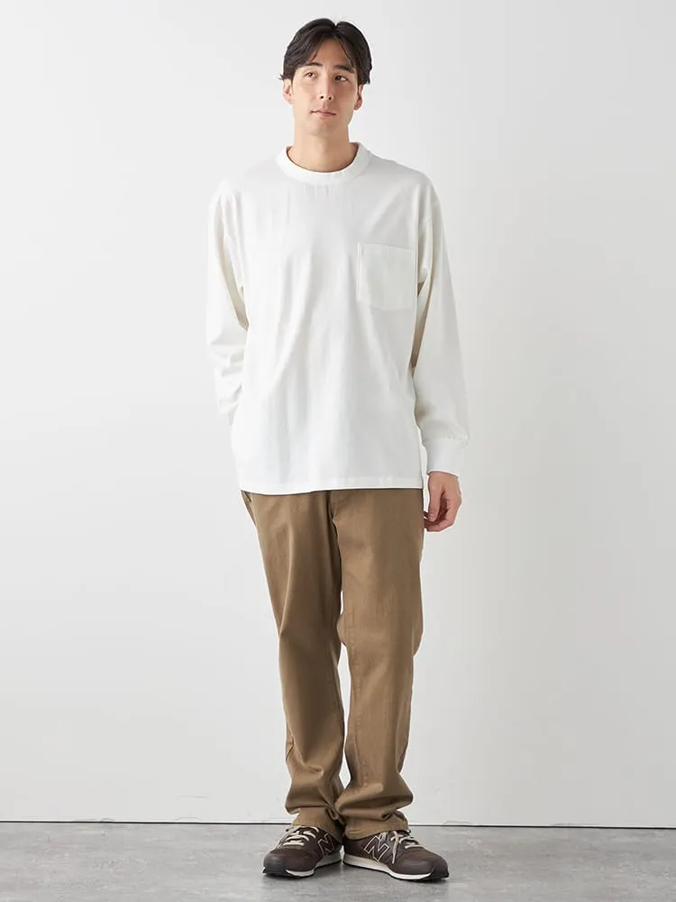 ブラック 【EL.FO】無地ポケット付きタフ衿クルーネック長袖Tシャツ