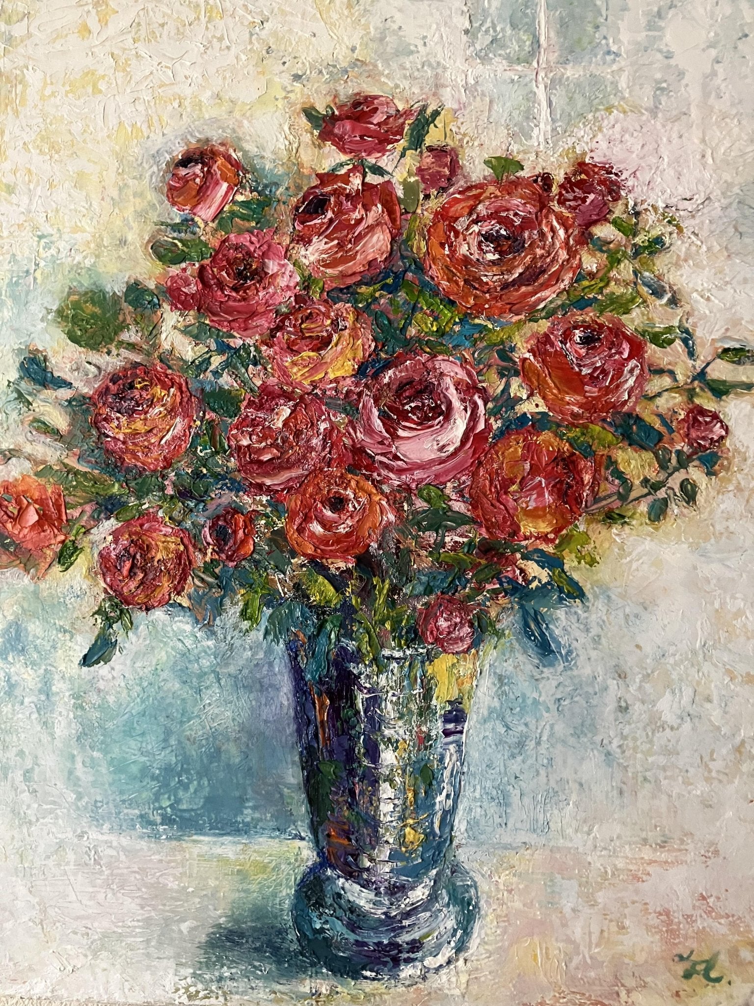 油絵 静物画 バラ 花瓶 フルーツ 60×80cm サイン入り 額縁付き 油絵