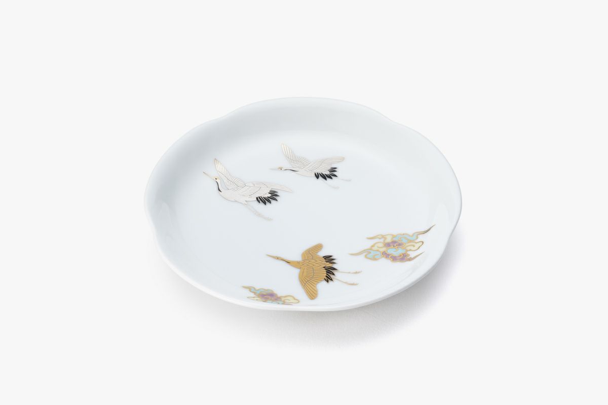 深川製磁】白金波鶴紋 屠蘇器揃（銚子、盃3個、面長