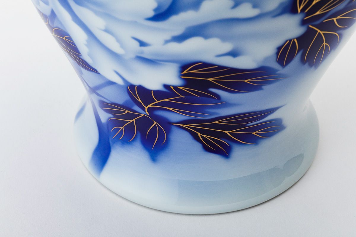 深川製磁 染付 下り藤に燕図 大花瓶 高約40.5cm 有田焼 深川製磁