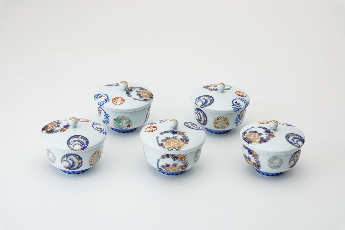 ビンテージ、オールド深川製磁、金彩染錦花丸紋 コーヒーカップセット 染錦