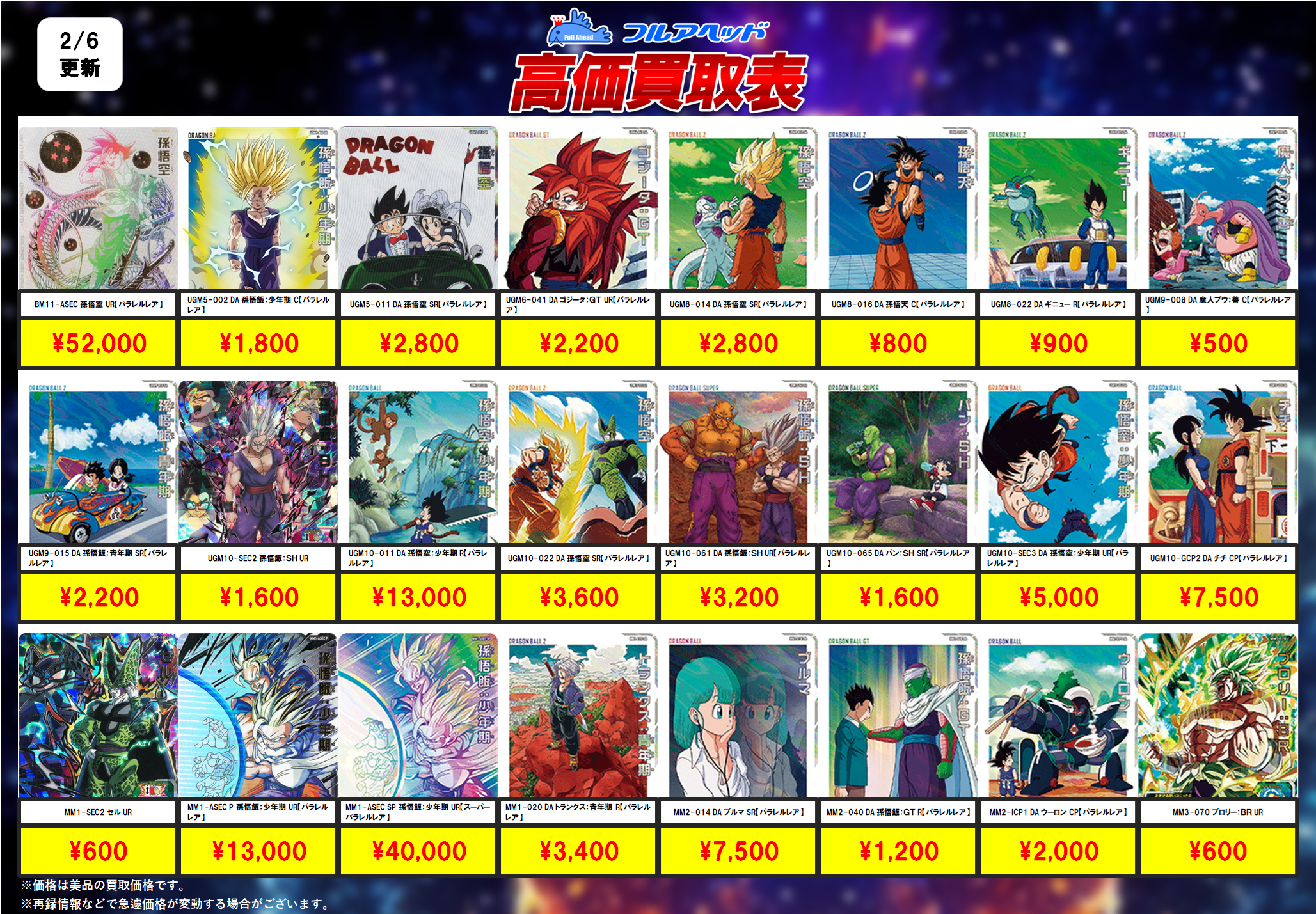 スーパードラゴンボールヒーローズ – 【フルアヘッド】高価買取表