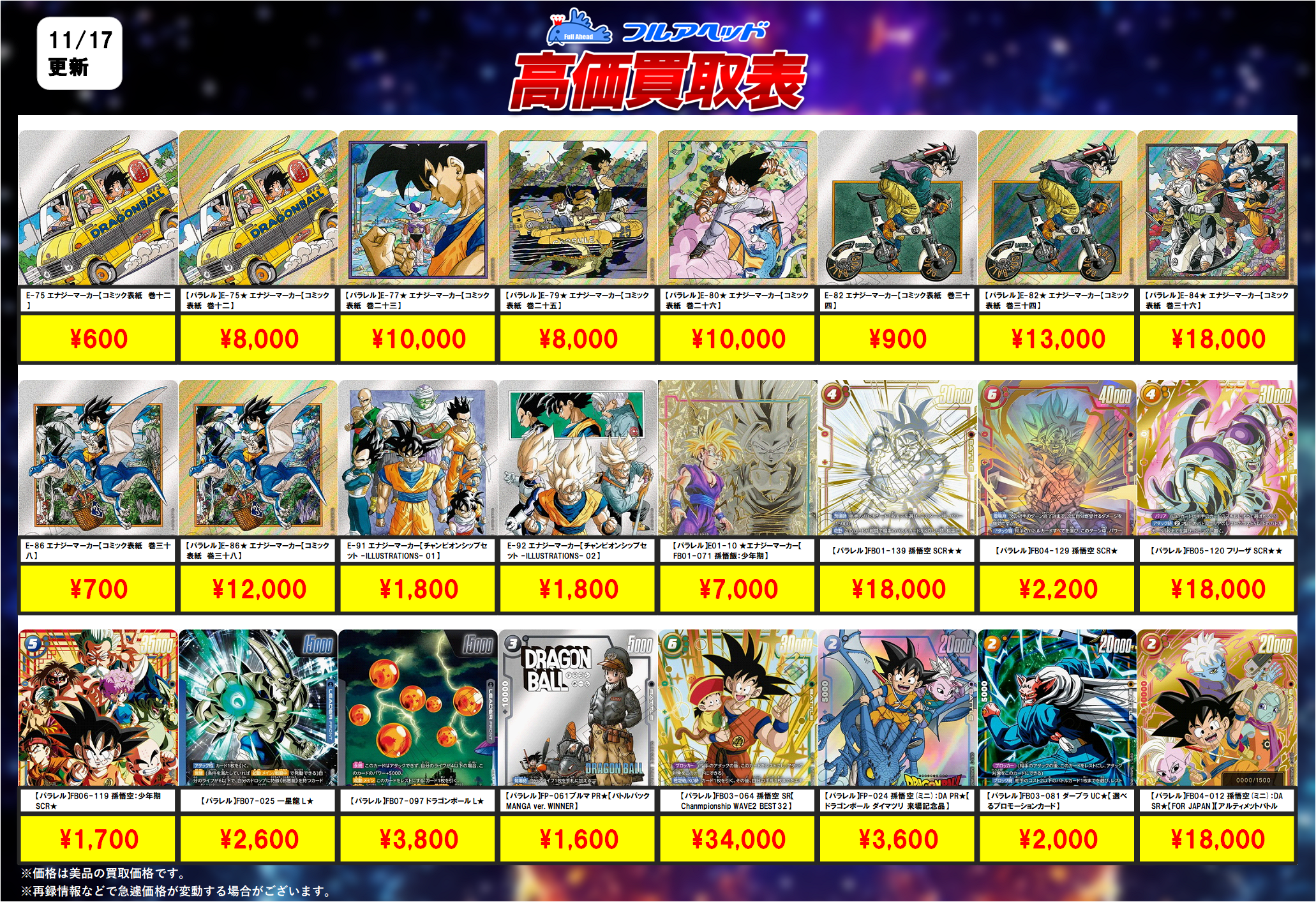 ドラゴンボールフュージョンワールド】買取表、販売価格の調整を行い