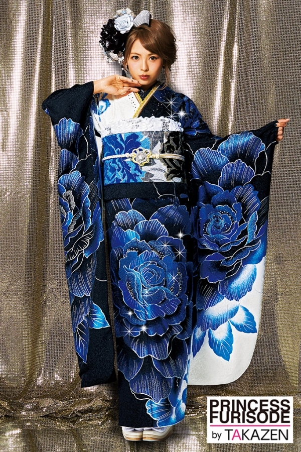 32106 派手クール(目立つ豪華) 白/黒/ブルー(青色)｜TAKAZEN|振袖比較